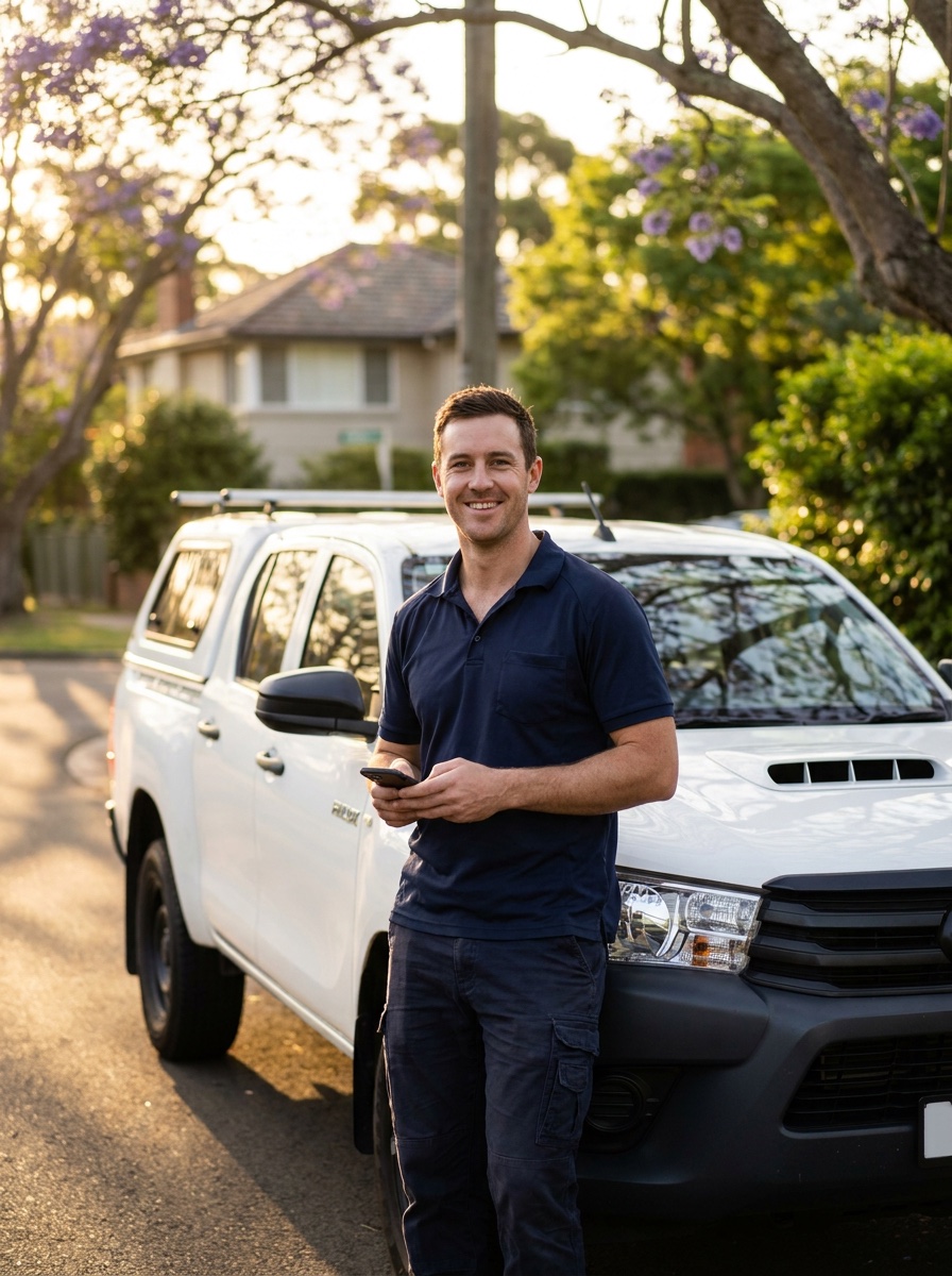 Australian electrician by his work ute checking his phone